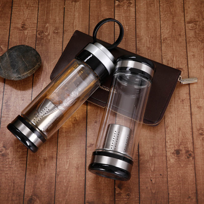 雙層玻璃杯 男女便攜水杯創(chuàng)意雙蓋過(guò)濾辦公杯子 茶水分離耐熱茶杯